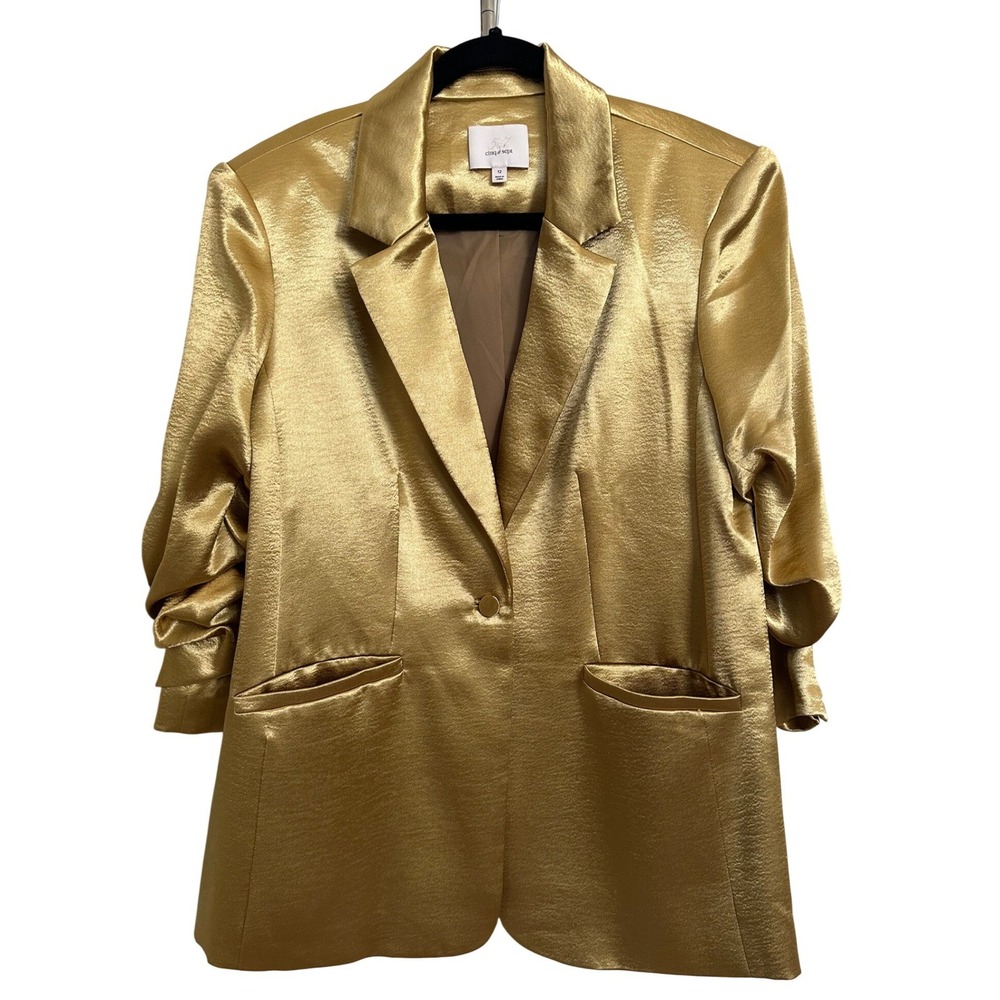 Cinq a Sept Metallic Gold Satin Kylie Ruched Sleeve Blazer Jacket 12